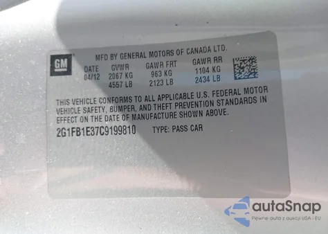 2012 Chevrolet Camaro 1Lt из США, поврежденный, VIN 2G1FB1E37C9199810